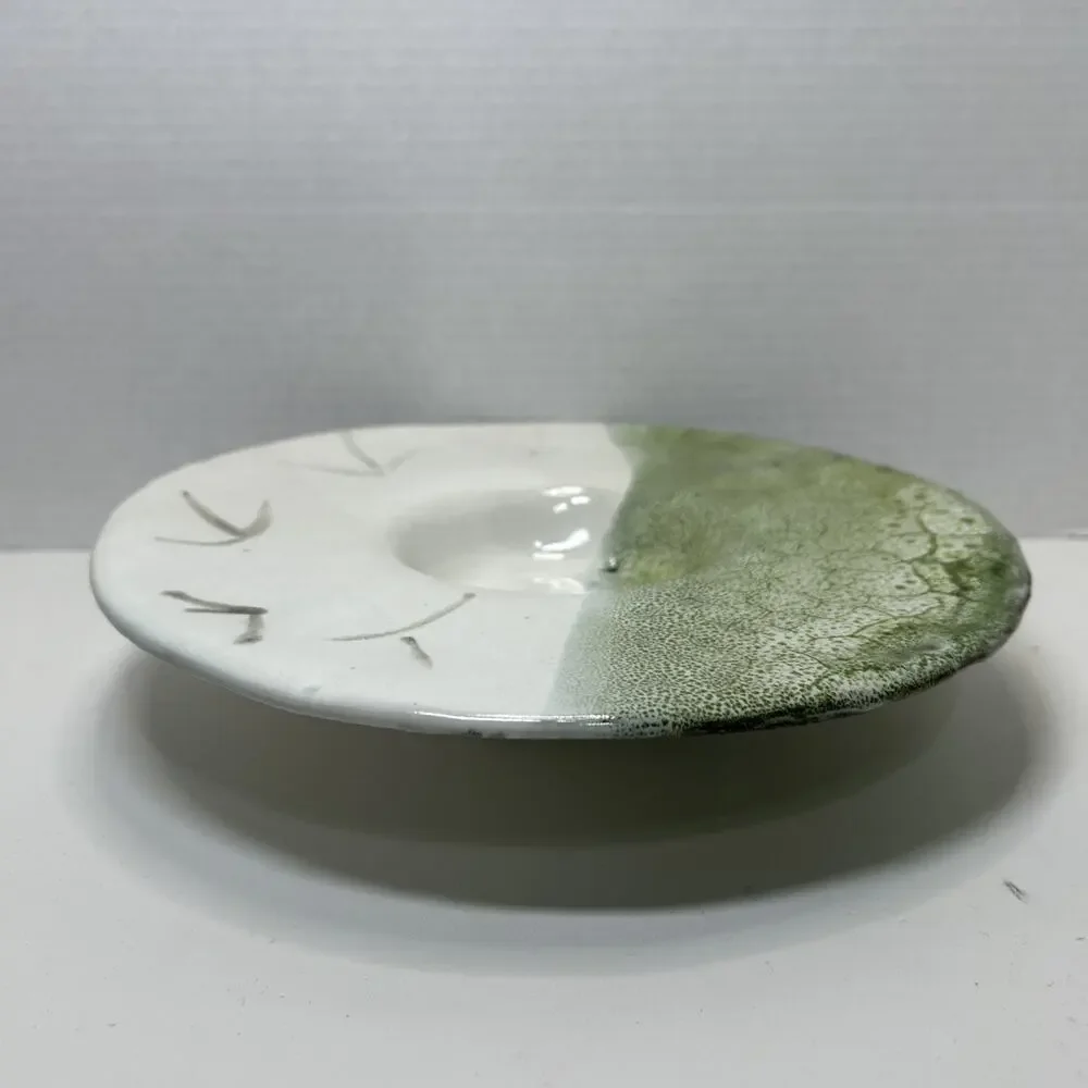 Studio Art Pottery Candle Holder Green White Lava Glaze Centerpiece Footed Sign